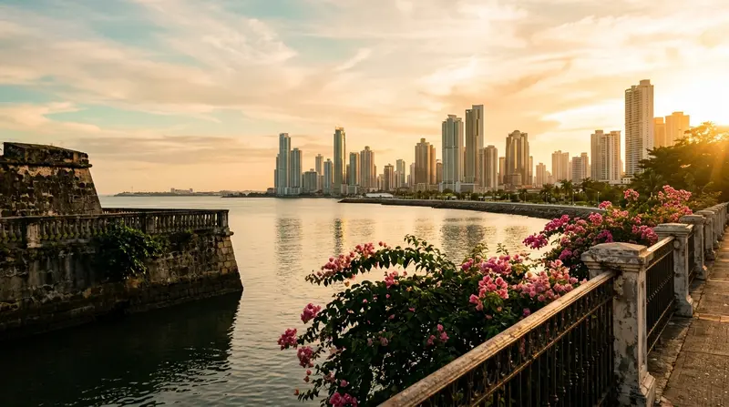 Vista de la Ciudad de Panamá desde el Casco Antiguo al atardecer