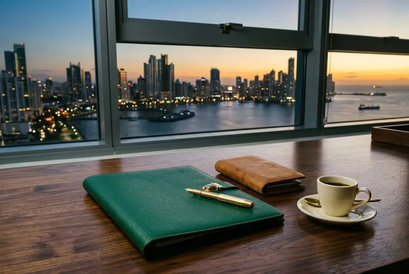 Escritorio con documentos de residencia frente a la bahía de Panamá